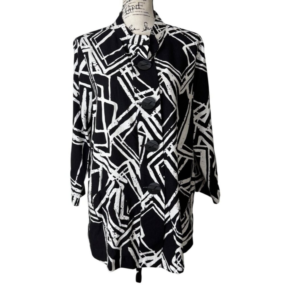Ali Miles Womens Size XL Tunic Geometric Black & White Button-Front Jacket Top